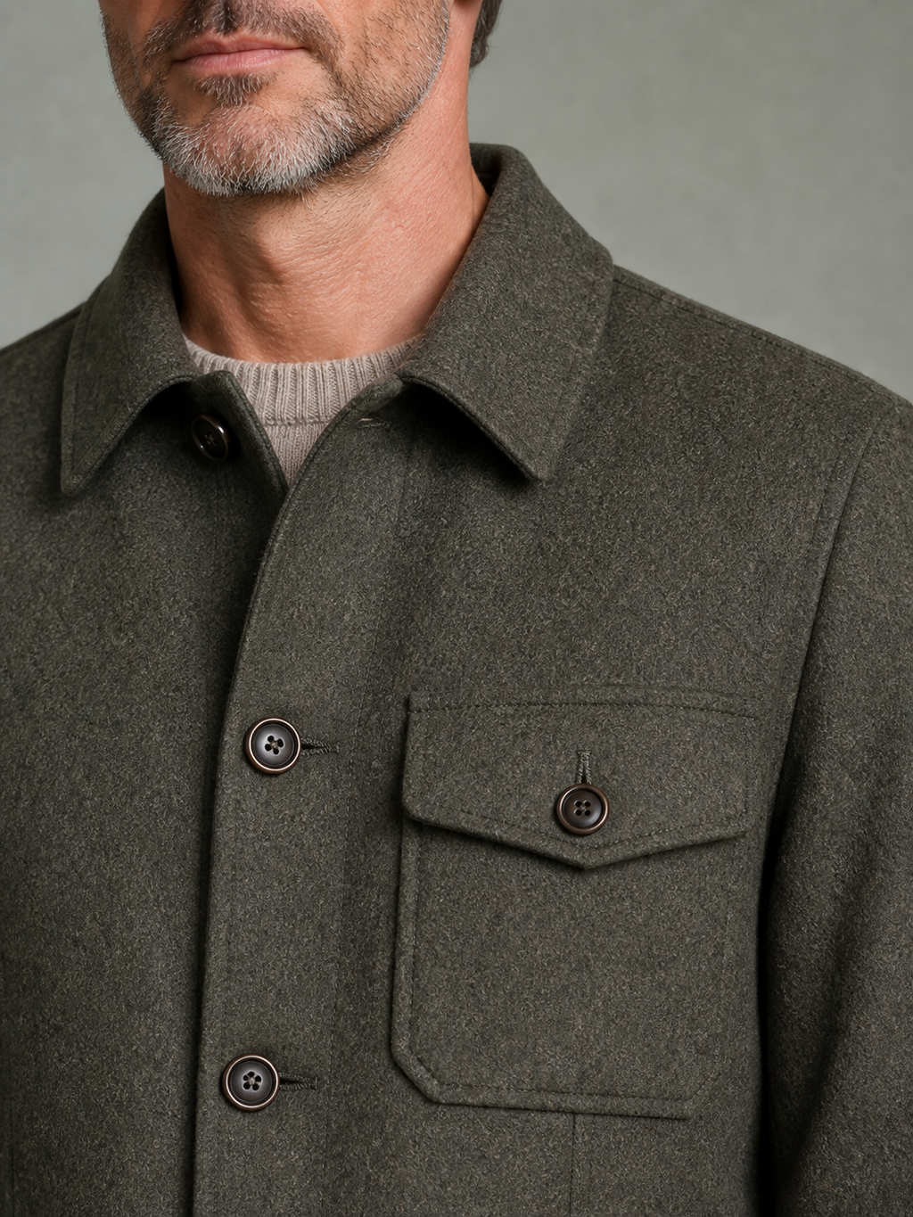 Wool field jacket, collar and pocket detail