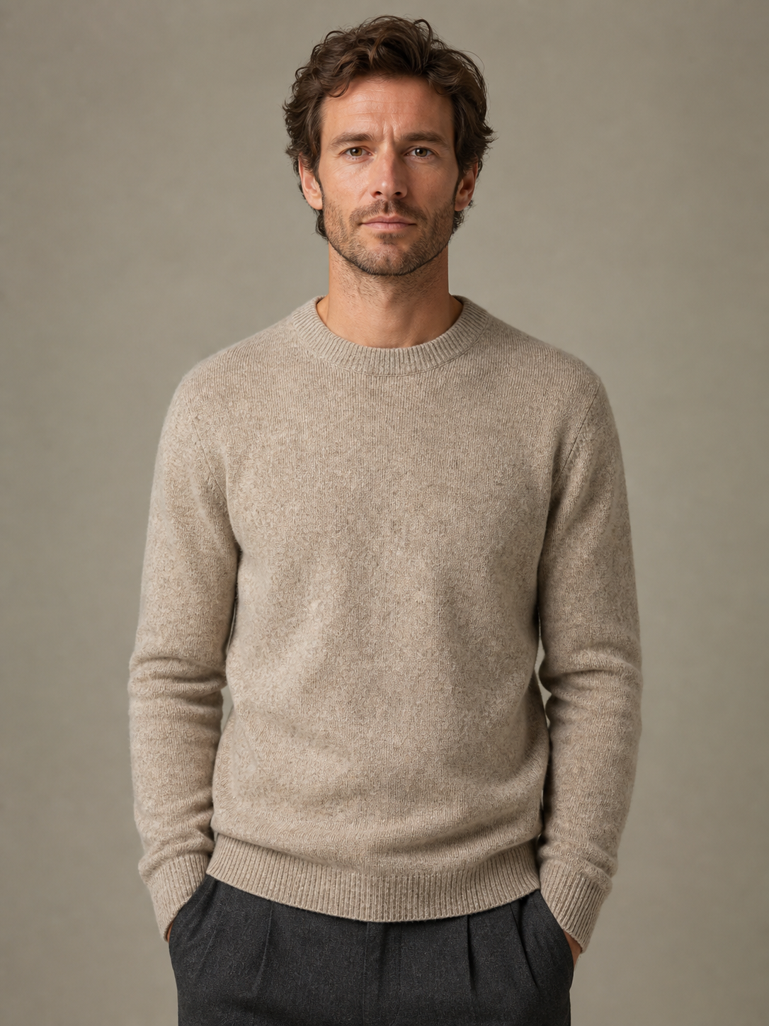 Oat-heather lambswool crew jumper, front